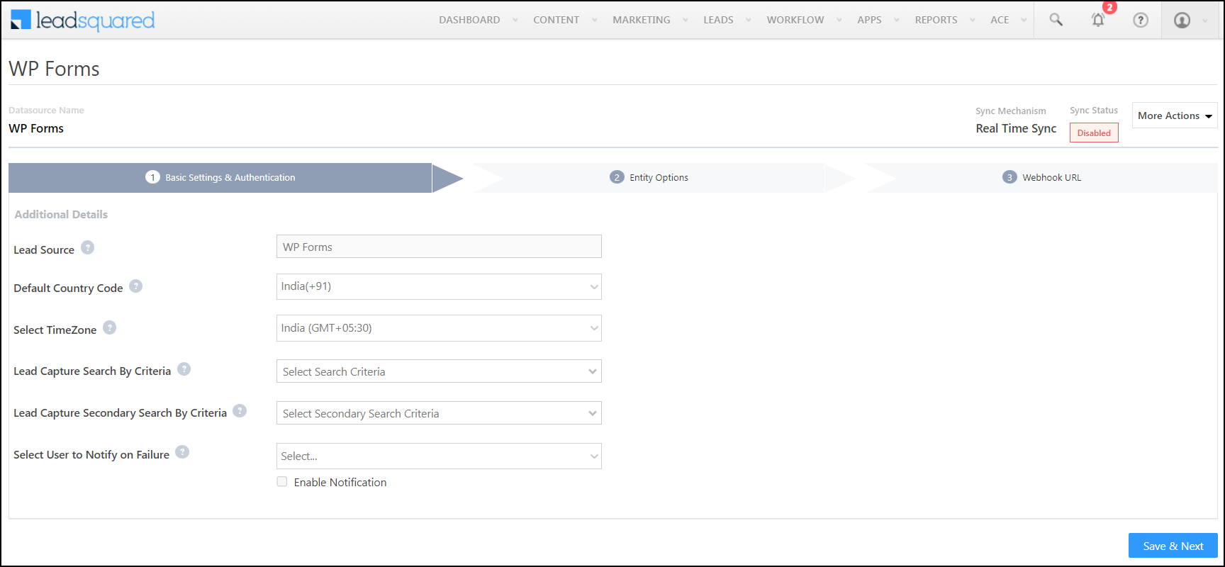 LeadSquared - wp forms basic settings